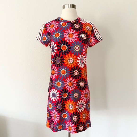 Adidas x FARM Rio NWT Slim Floral Shirt Dress Vivid Red Bliss Pink Small S - Picture 3 of 7